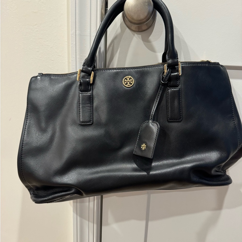 Tory Burch Black Leather Tote with Gold Details